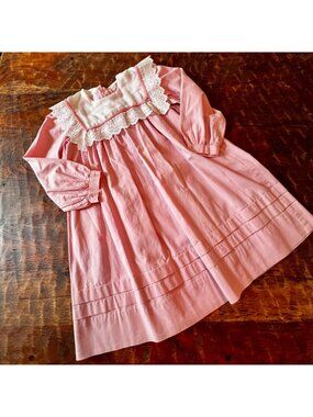Vintage Sarah Kent Pink Cotton Dress With Lace Collar & Long Sleeves Size 6